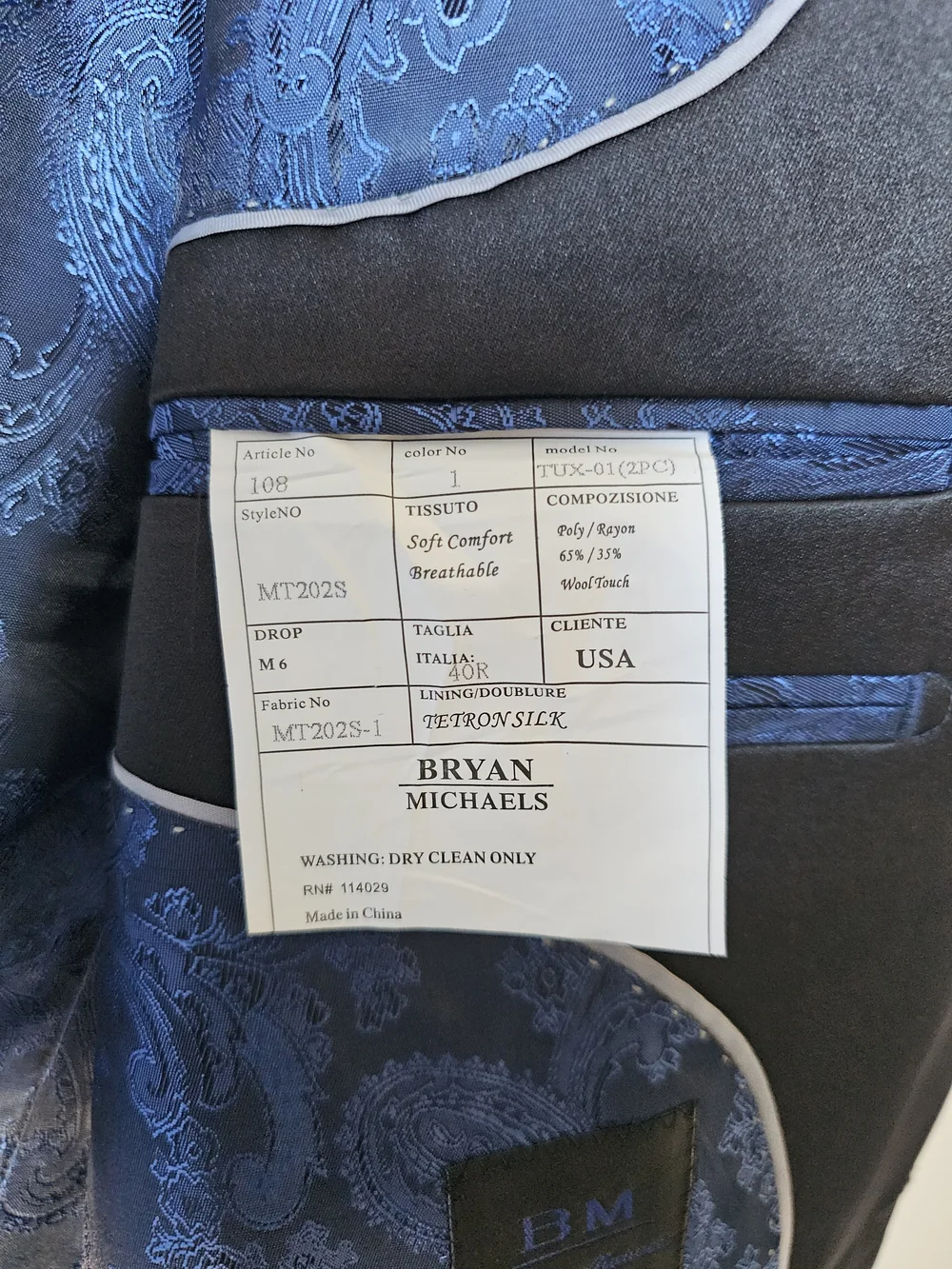 Bryan Michaels Men's Black Tuxedo Blazer Jacket Size 40R Paisley Blue Lining